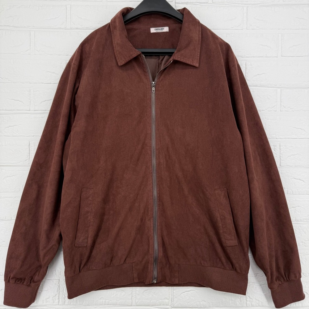 Coofandy Faux Suede Jacket Mens Large Brown Full Zip Harrington Bomber Coat